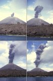 Quatre phases d'une explosion au Krakatau. Durée totale d'une minute environ. Rien ne se passe ensuite pendant 15 à 40 minutes